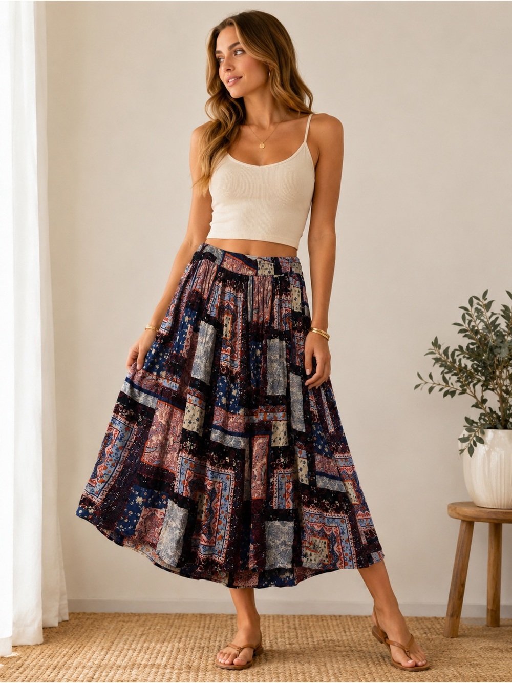 Blair Patchwork Maxi Skirt in Navy, Burgundy and Cream
